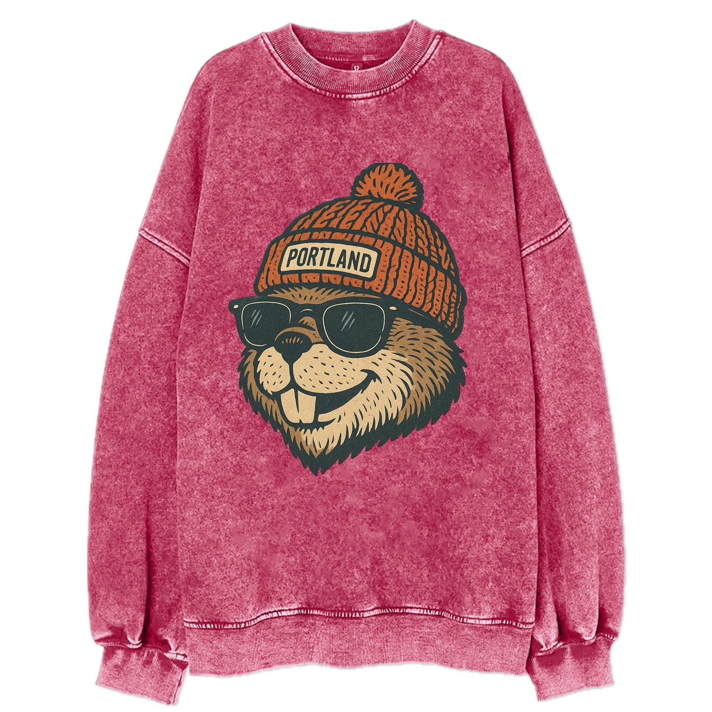 Oregon Beaver wearing Portland beanie with pom pom and wayfarer sunglasses - Vintage Sweatshirt - Pink