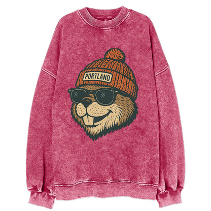 Oregon Beaver wearing Portland beanie with pom pom and wayfarer sunglasses - Vintage Sweatshirt - Pink