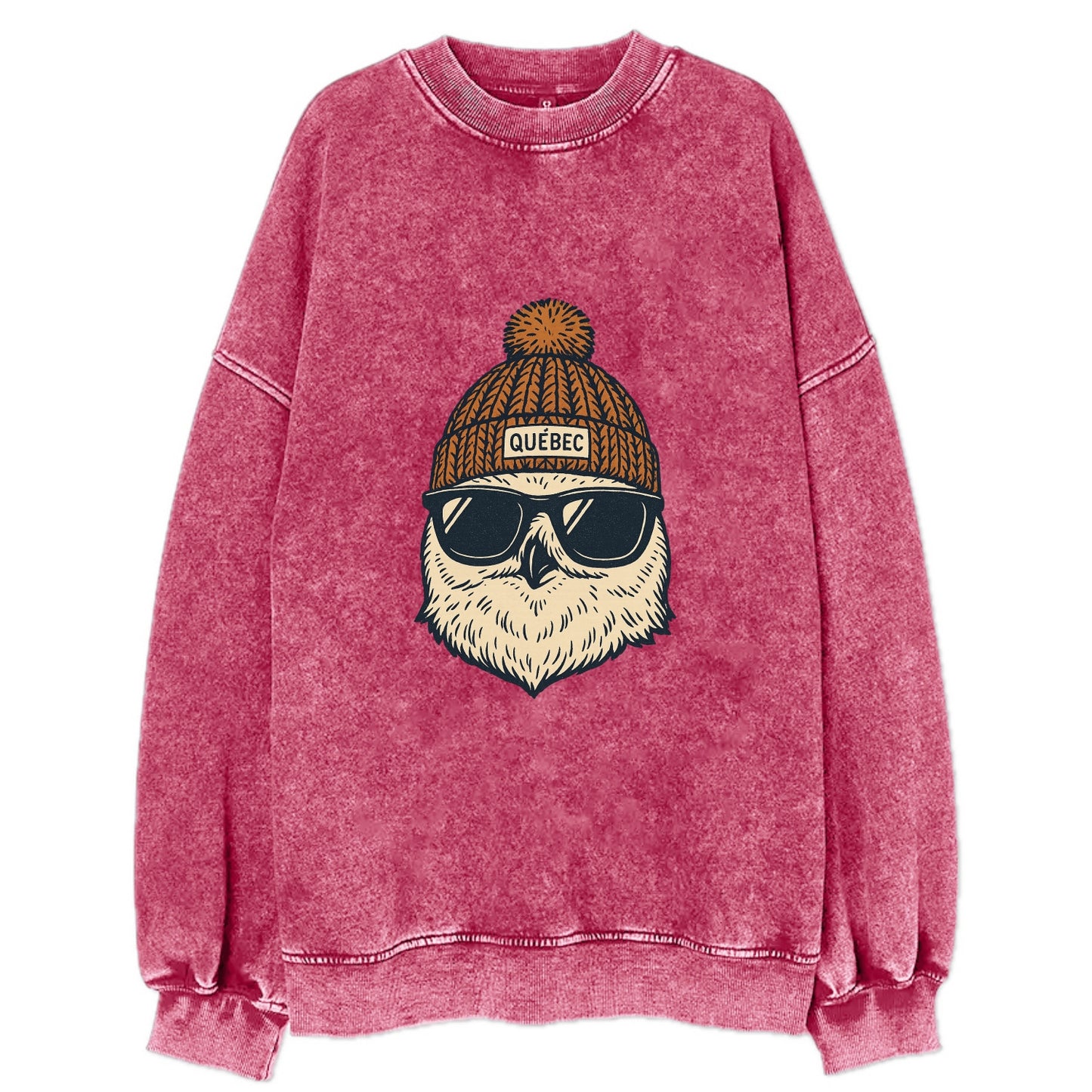 Quebec City Snowy Owl wearing Quebec beanie with pom pom and wayfarer - Vintage Sweatshirt - Pink