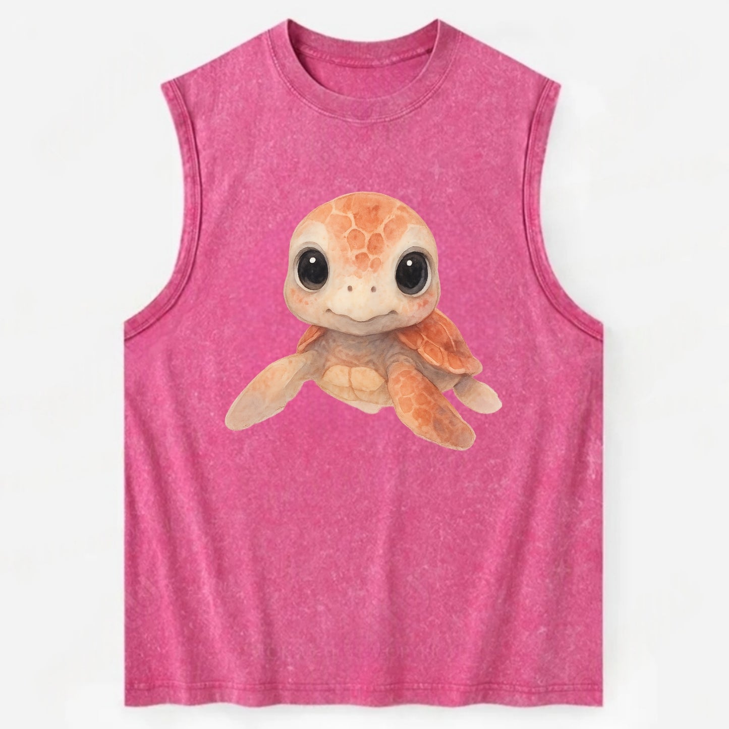 Baby Loggerhead Turtle - reddish-brown shell, big round dark eyes, chunky - Vintage Washed Tank - Pink