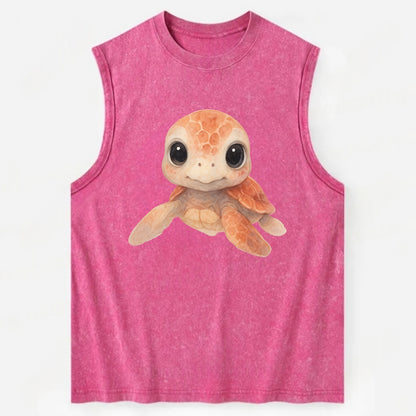 Baby Loggerhead Turtle - reddish-brown shell, big round dark eyes, chunky - Vintage Washed Tank - Pink