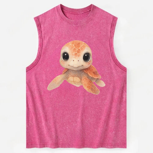 Baby Loggerhead Turtle - reddish-brown shell, big round dark eyes, chunky - Vintage Washed Tank