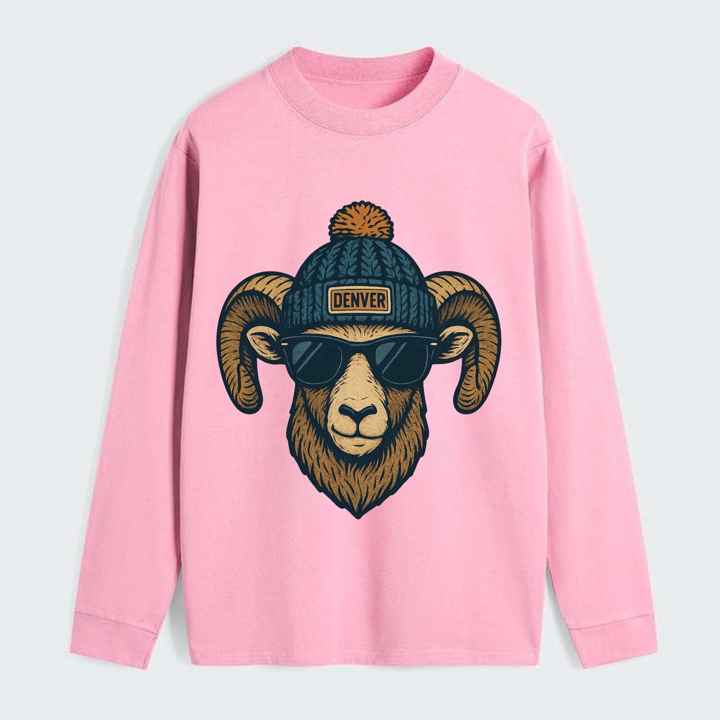 Colorado Rocky Mountain Bighorn Sheep wearing Denver beanie with pom - Classic Long Sleeve Shirt - Pink