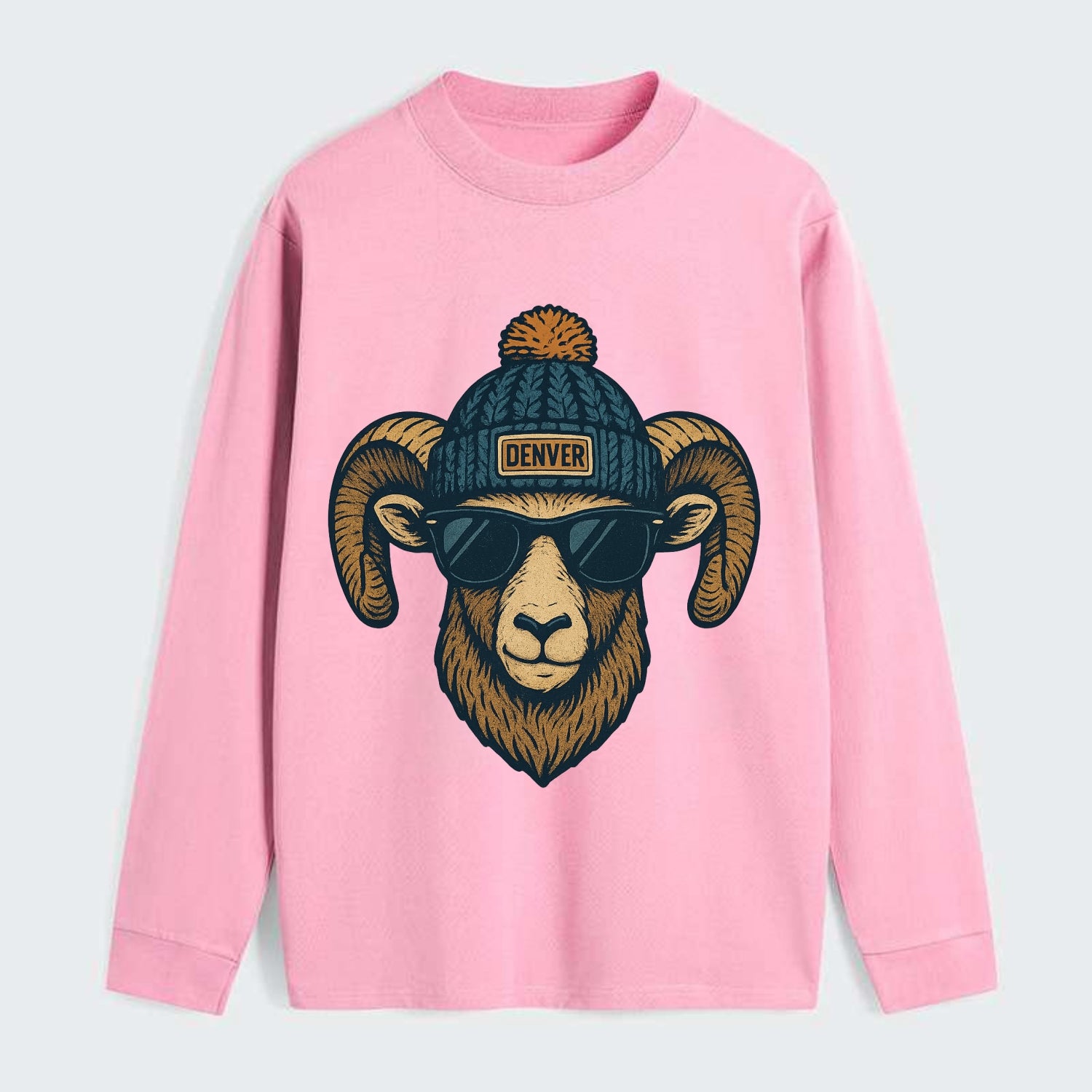 Colorado Rocky Mountain Bighorn Sheep wearing Denver beanie with pom - Classic Long Sleeve Shirt - Pink
