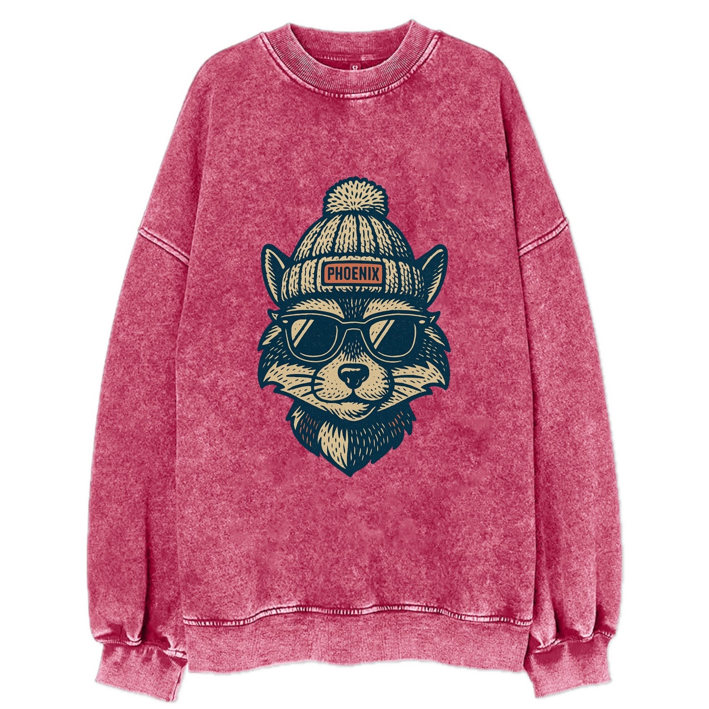 Arizona Ringtail wearing Phoenix beanie with pom pom and wayfarer sunglasses - Vintage Sweatshirt - Pink
