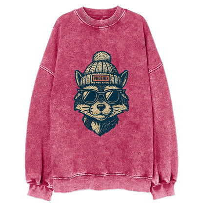 Arizona Ringtail wearing Phoenix beanie with pom pom and wayfarer sunglasses - Vintage Sweatshirt - Pink