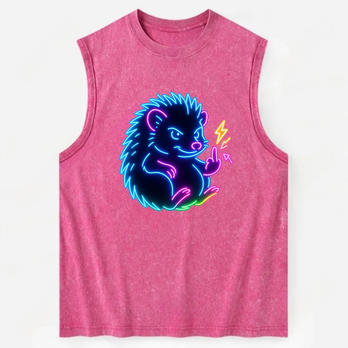 tiny hedgehog curled up slightly, one little paw raised flipping the bird - Vintage Washed Tank - Pink