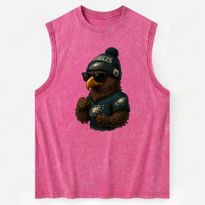 Philly Hawk wearing Eagles beanie with Rocky patch and wayfarer sunglasses - Vintage Washed Tank - Pink