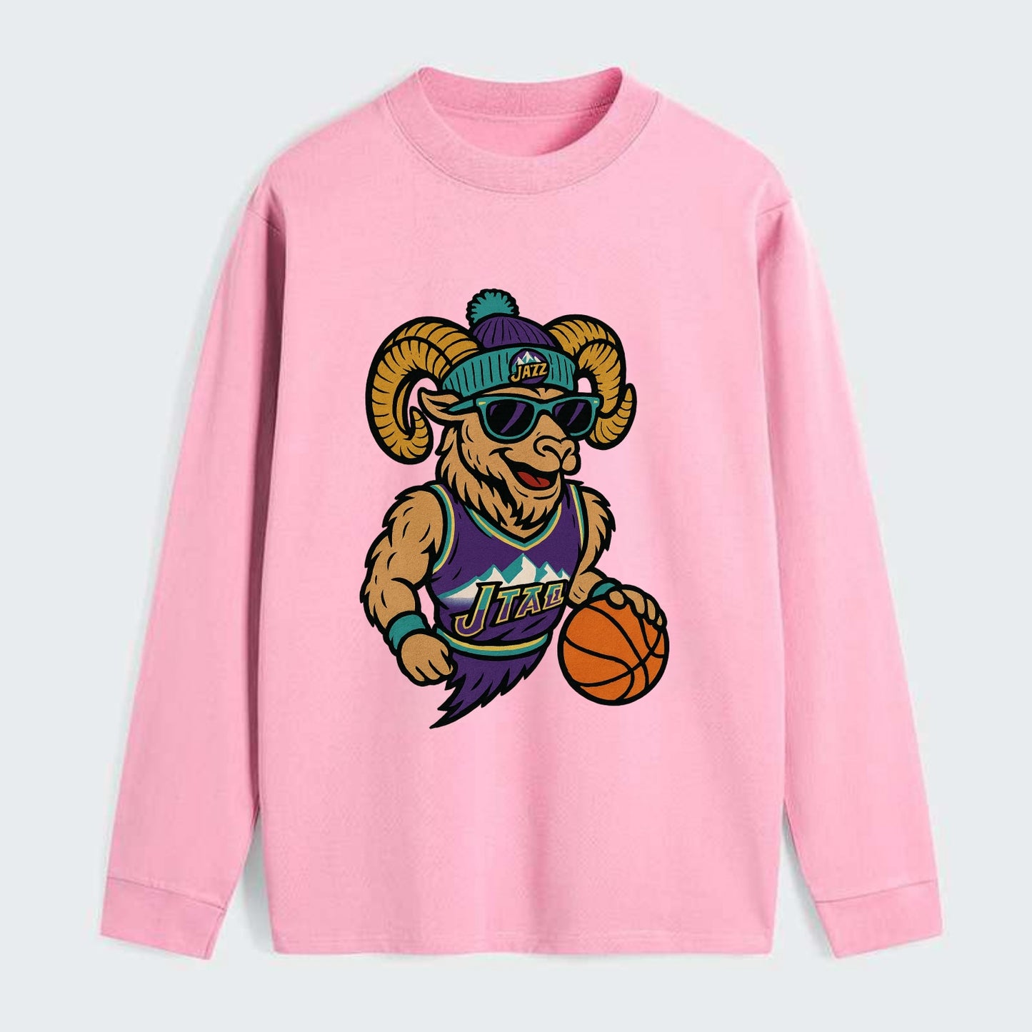 Utah Bighorn wearing Jazz beanie with mountain melody patch and - Classic Long Sleeve Shirt - Pink
