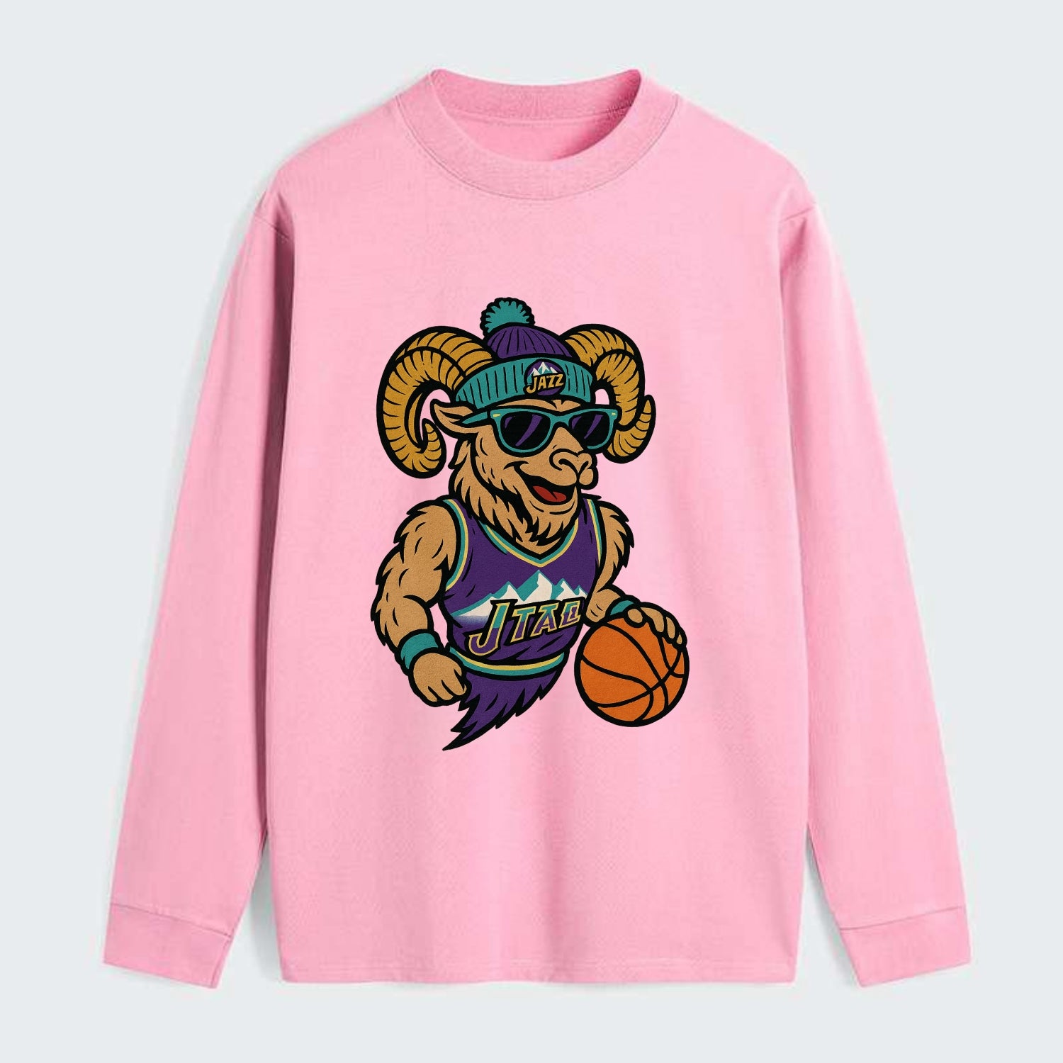 Utah Bighorn wearing Jazz beanie with mountain melody patch and - Classic Long Sleeve Shirt - Pink