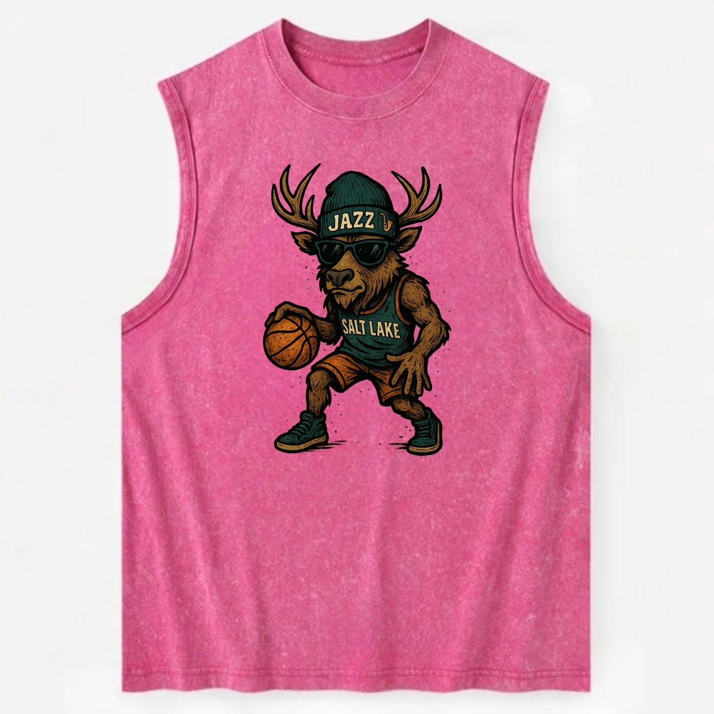 Salt Lake Elk wearing Jazz beanie with saxophone patch and wayfarer sunglasses - Vintage Washed Tank - Pink