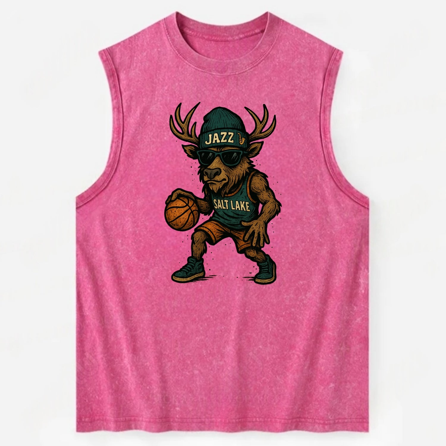 Salt Lake Elk wearing Jazz beanie with saxophone patch and wayfarer sunglasses - Vintage Washed Tank - Pink