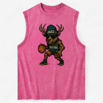 Salt Lake Elk wearing Jazz beanie with saxophone patch and wayfarer sunglasses - Vintage Washed Tank - Pink