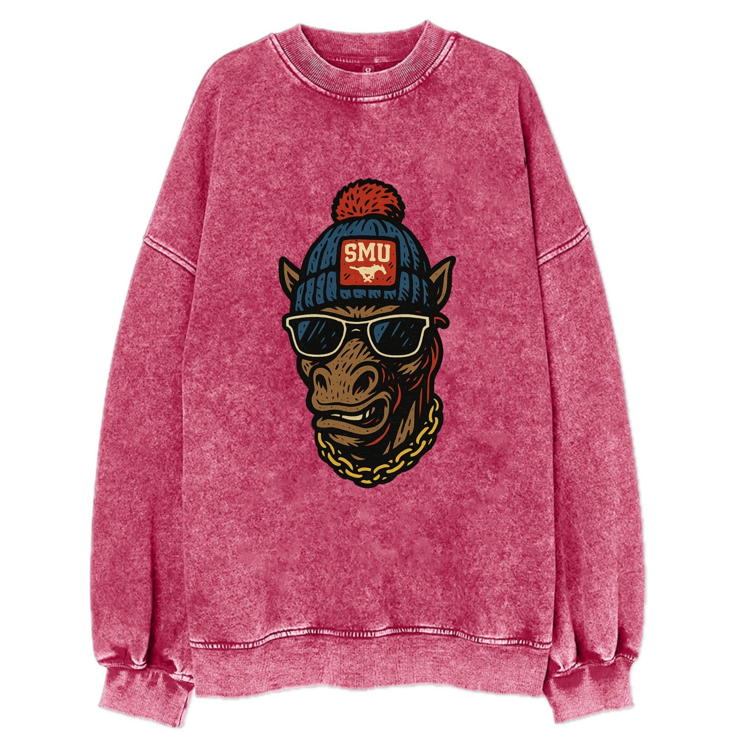 Dallas Mustang wearing SMU beanie with pony patch - Vintage Sweatshirt - Pink