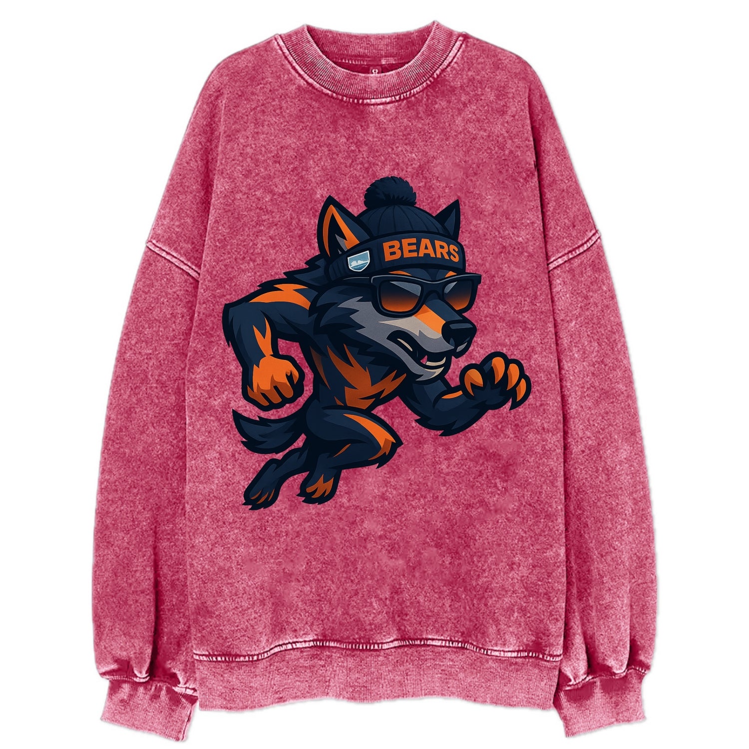 Chicago Wolf wearing Bears beanie with Lake Michigan patch and wayfarer - Vintage Sweatshirt - Pink