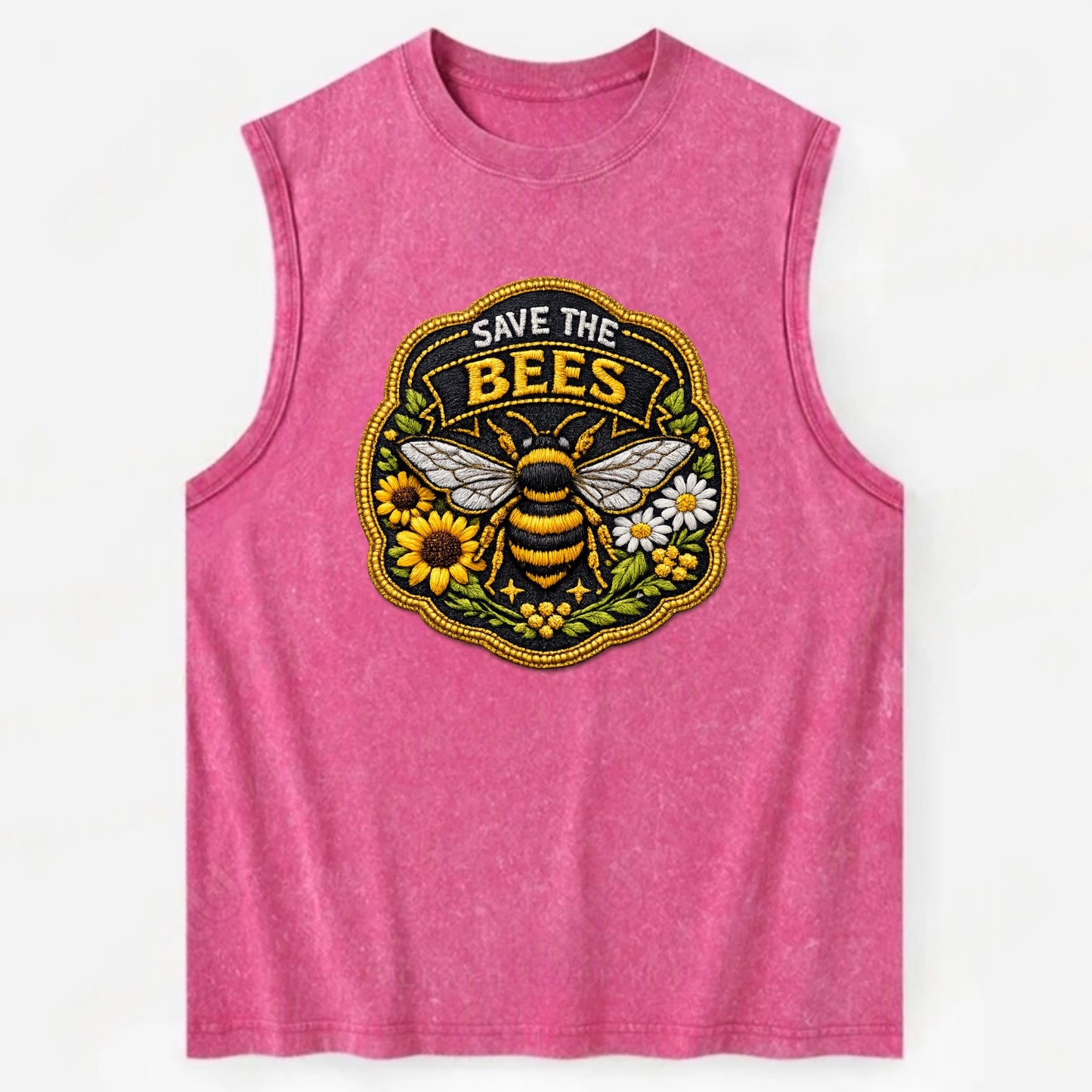 SAVE THE BEES - bee with flowers in yellow , pollinator protection - Vintage Washed Tank - Pink