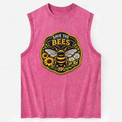 SAVE THE BEES - bee with flowers in yellow , pollinator protection - Vintage Washed Tank - Pink