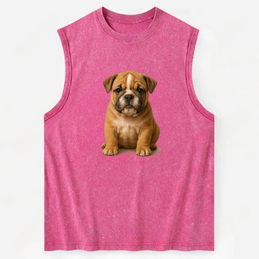 Baby Bulldog Puppy - wrinkly face, underbite, stocky body, gentle eyes, - Vintage Washed Tank - Pink