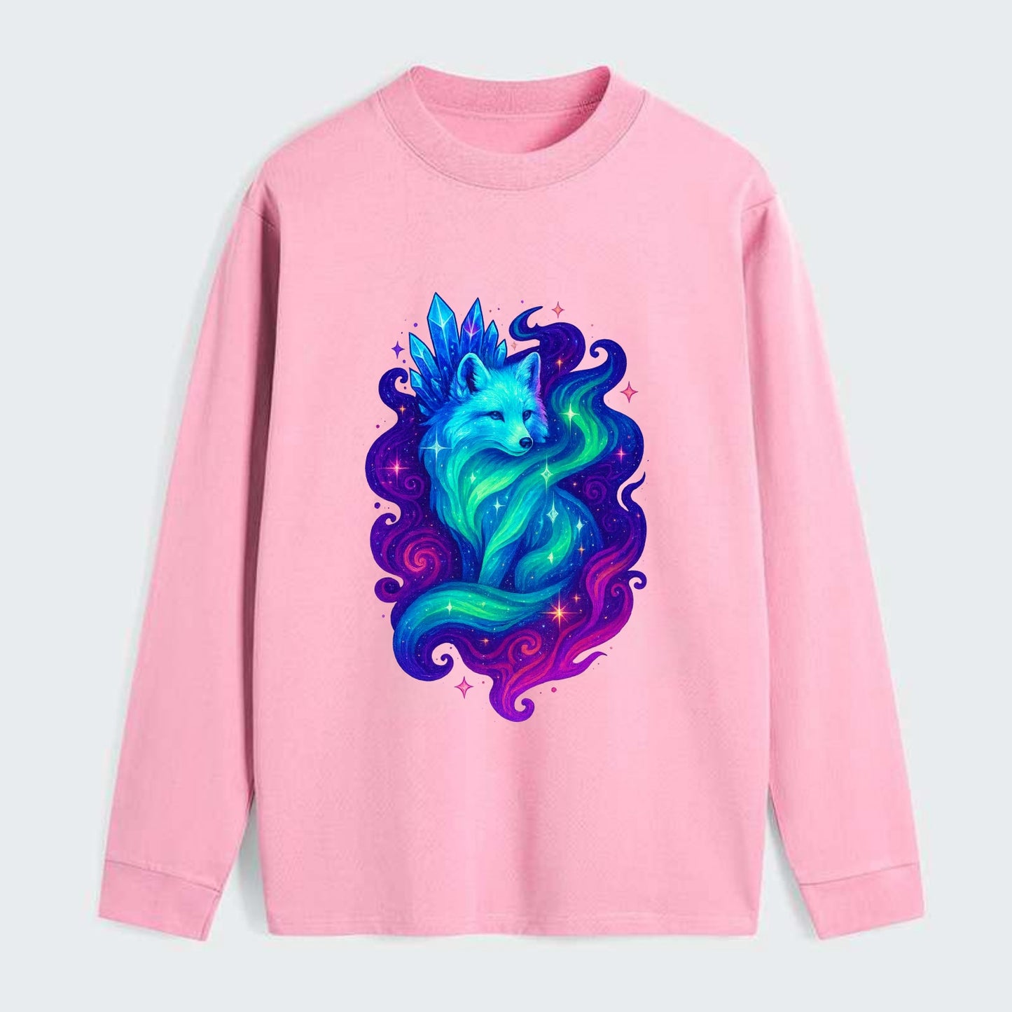 Ethereal arctic fox with fur that transforms into crystal formations, - Classic Long Sleeve Shirt - Pink