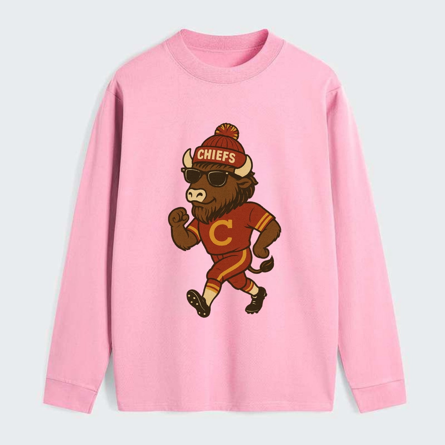 KC Bison wearing Chiefs beanie with arrowhead patch and wayfarer - Classic Long Sleeve Shirt - Pink