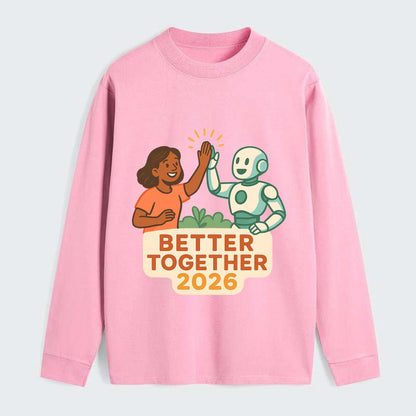 Human and AI robot high-fiving as collaborative partners - "Better - Classic Long Sleeve Shirt - Pink