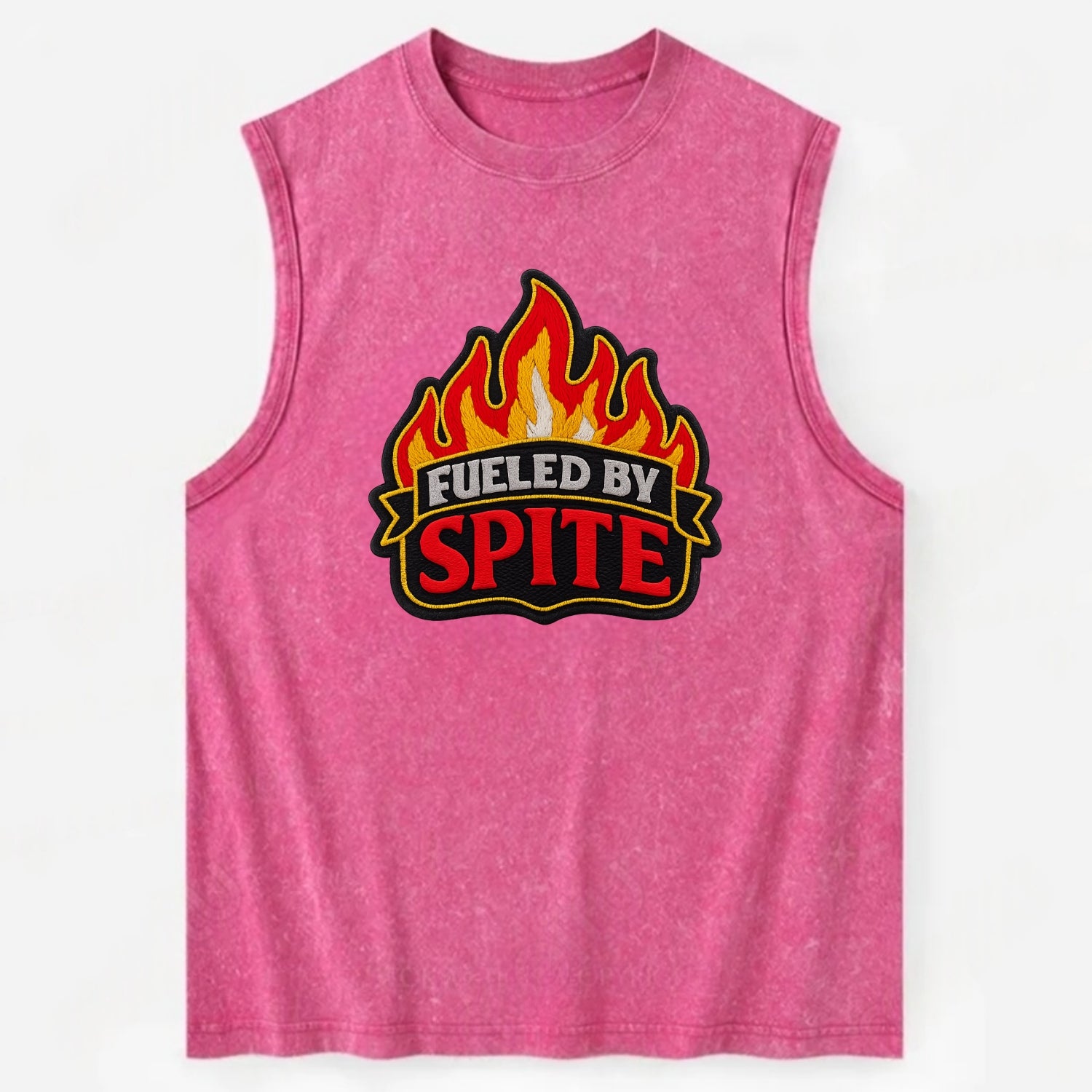 FUELED BY SPITE - fire with text in black and red , petty motivation - Vintage Washed Tank - Pink