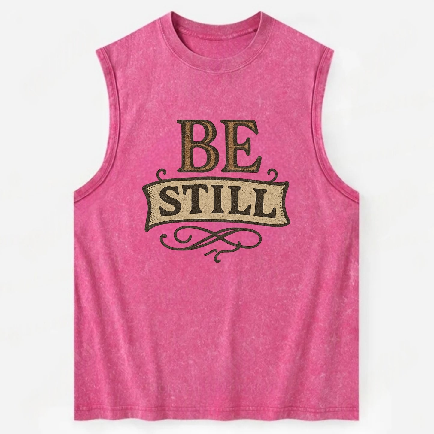 Bold typography design - "BE STILL" - quiet mind, meditation, inner peace - Vintage Washed Tank - Pink