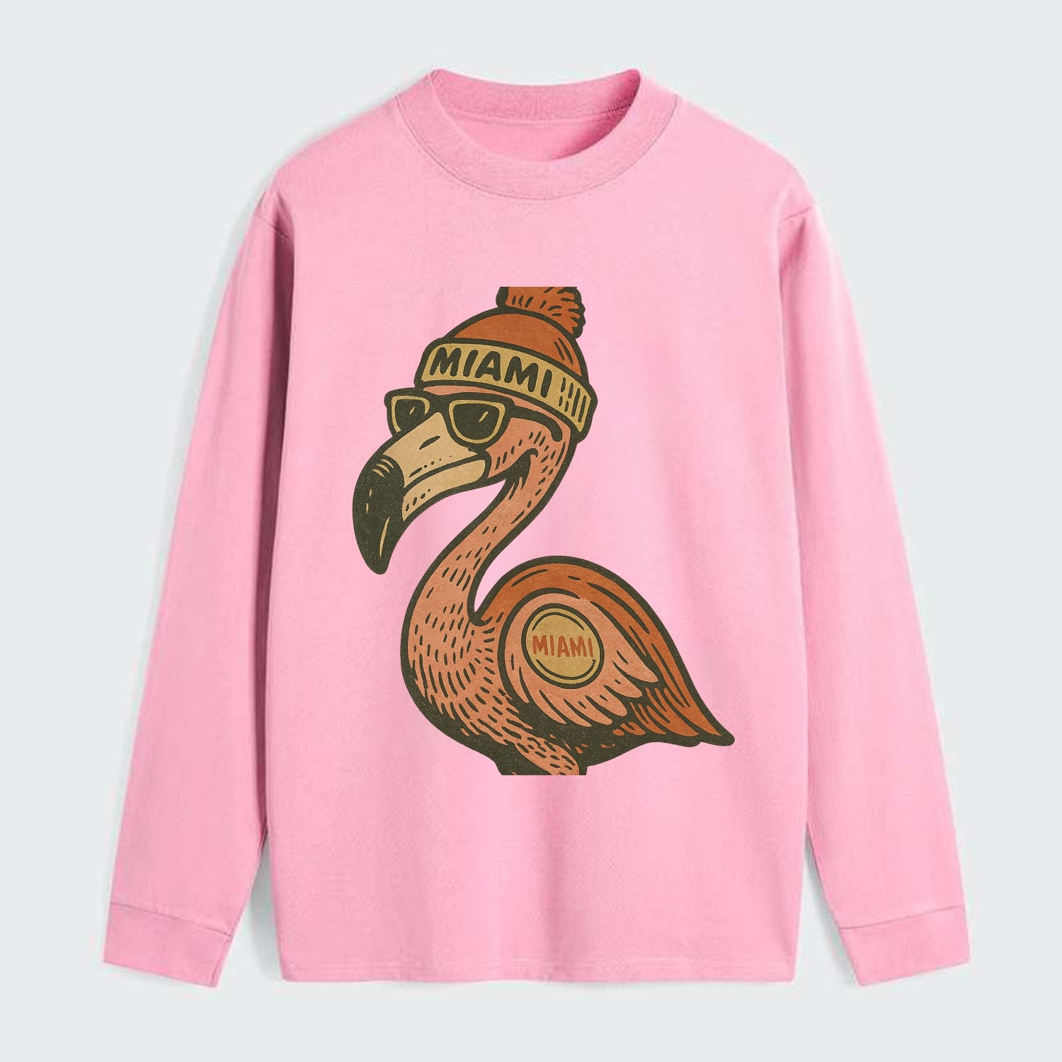 Miami Flamingo wearing Miami beanie with pom pom and wayfarer sunglasses - Classic Long Sleeve Shirt - Pink