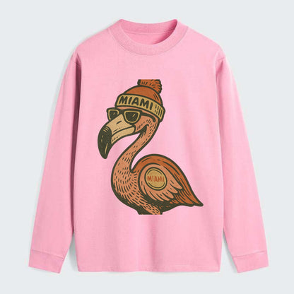 Miami Flamingo wearing Miami beanie with pom pom and wayfarer sunglasses - Classic Long Sleeve Shirt - Pink