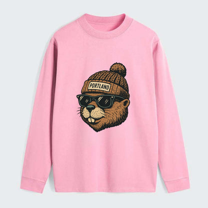 Portland Beaver wearing Portland beanie with pom pom and wayfarer - Classic Long Sleeve Shirt - Pink