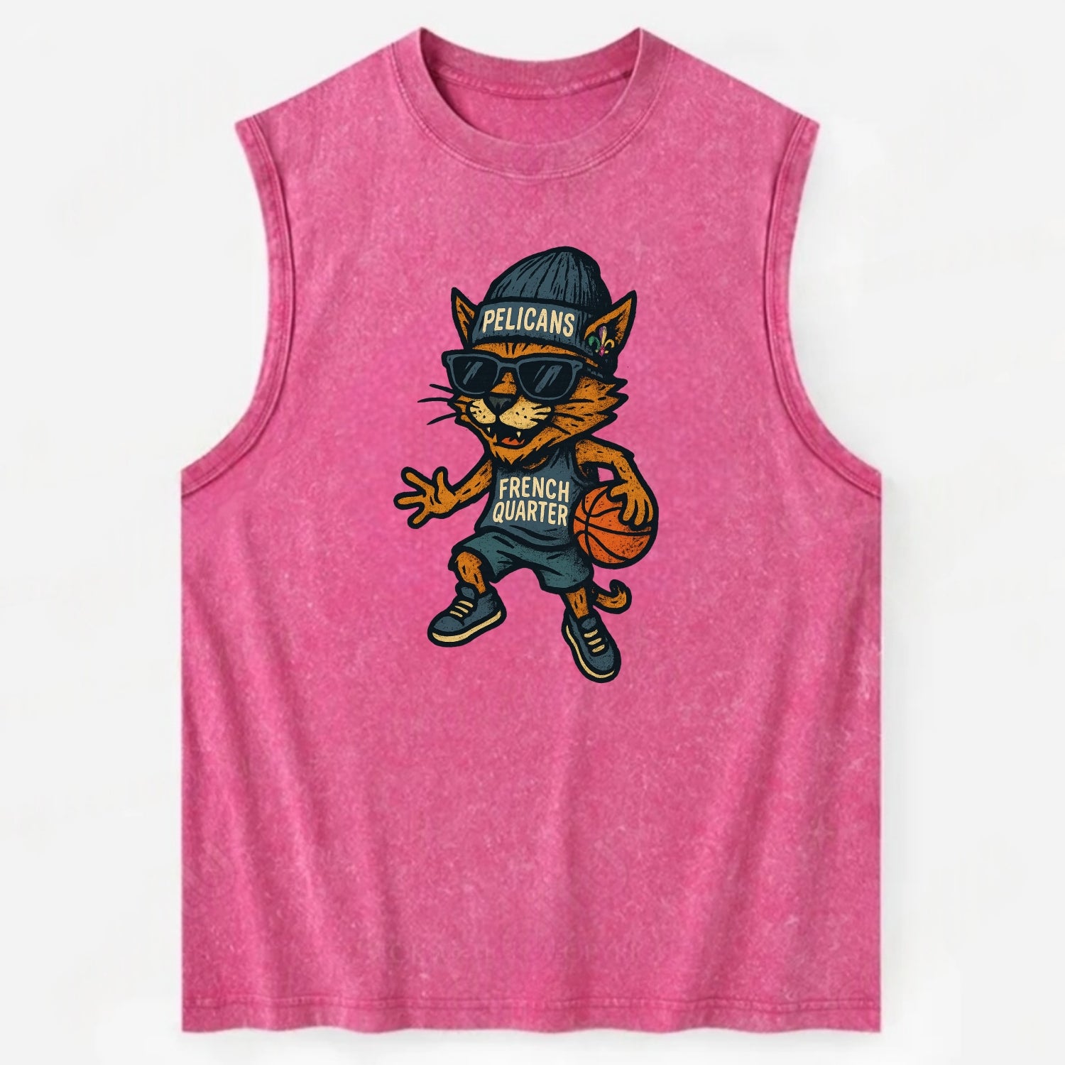 French Quarter Cat wearing Pelicans beanie with Mardi Gras patch and wayfarer - Vintage Washed Tank - Pink