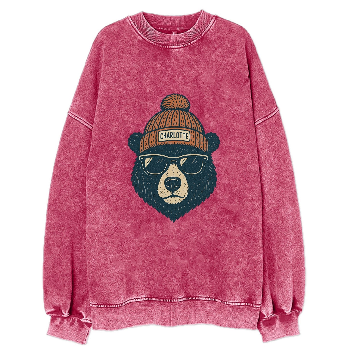 North Carolina Black Bear wearing Charlotte beanie with pom pom and wayfarer - Vintage Sweatshirt - Pink