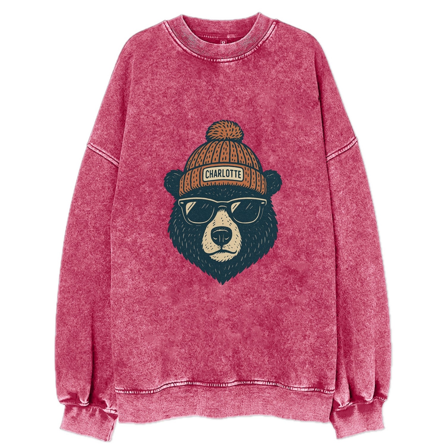North Carolina Black Bear wearing Charlotte beanie with pom pom and wayfarer - Vintage Sweatshirt - Pink