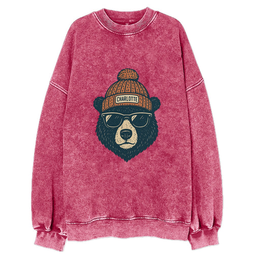 North Carolina Black Bear wearing Charlotte beanie with pom pom and wayfarer - Vintage Sweatshirt
