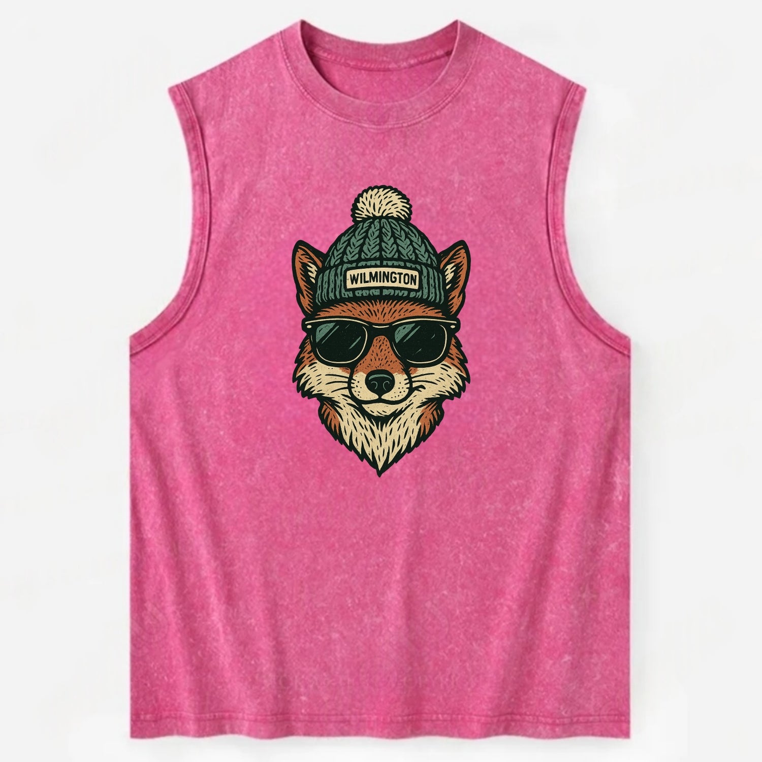 Delaware Gray Fox wearing Wilmington beanie with pom pom and wayfarer - Vintage Washed Tank - Pink