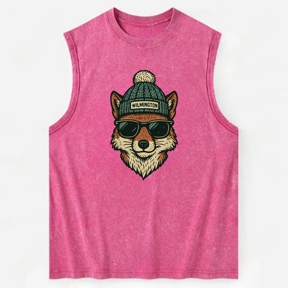 Delaware Gray Fox wearing Wilmington beanie with pom pom and wayfarer - Vintage Washed Tank - Pink