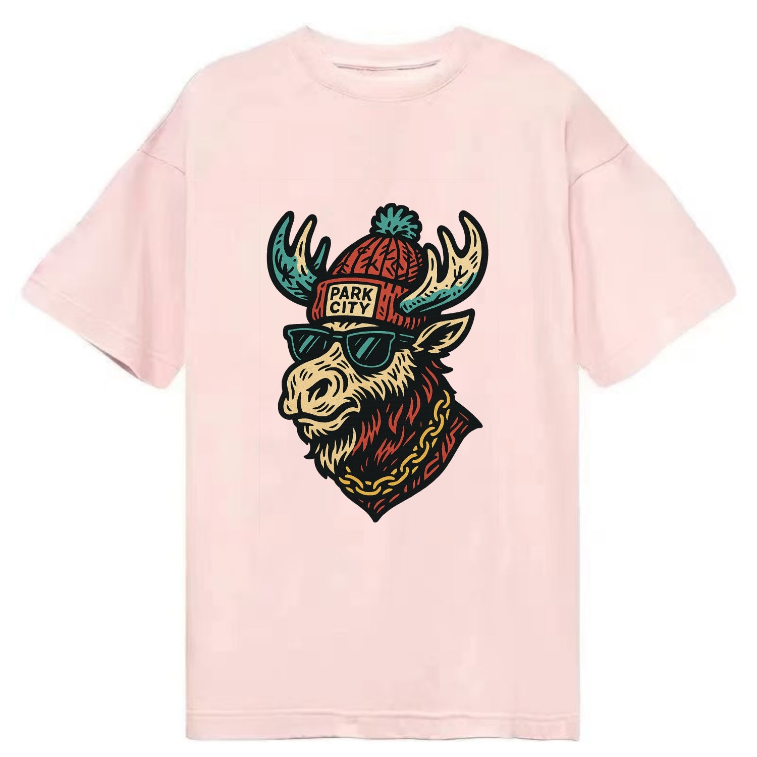 Park City Moose wearing Park City beanie with pom pom and wayfarer sunglasses - Classic T-shirt - Pink