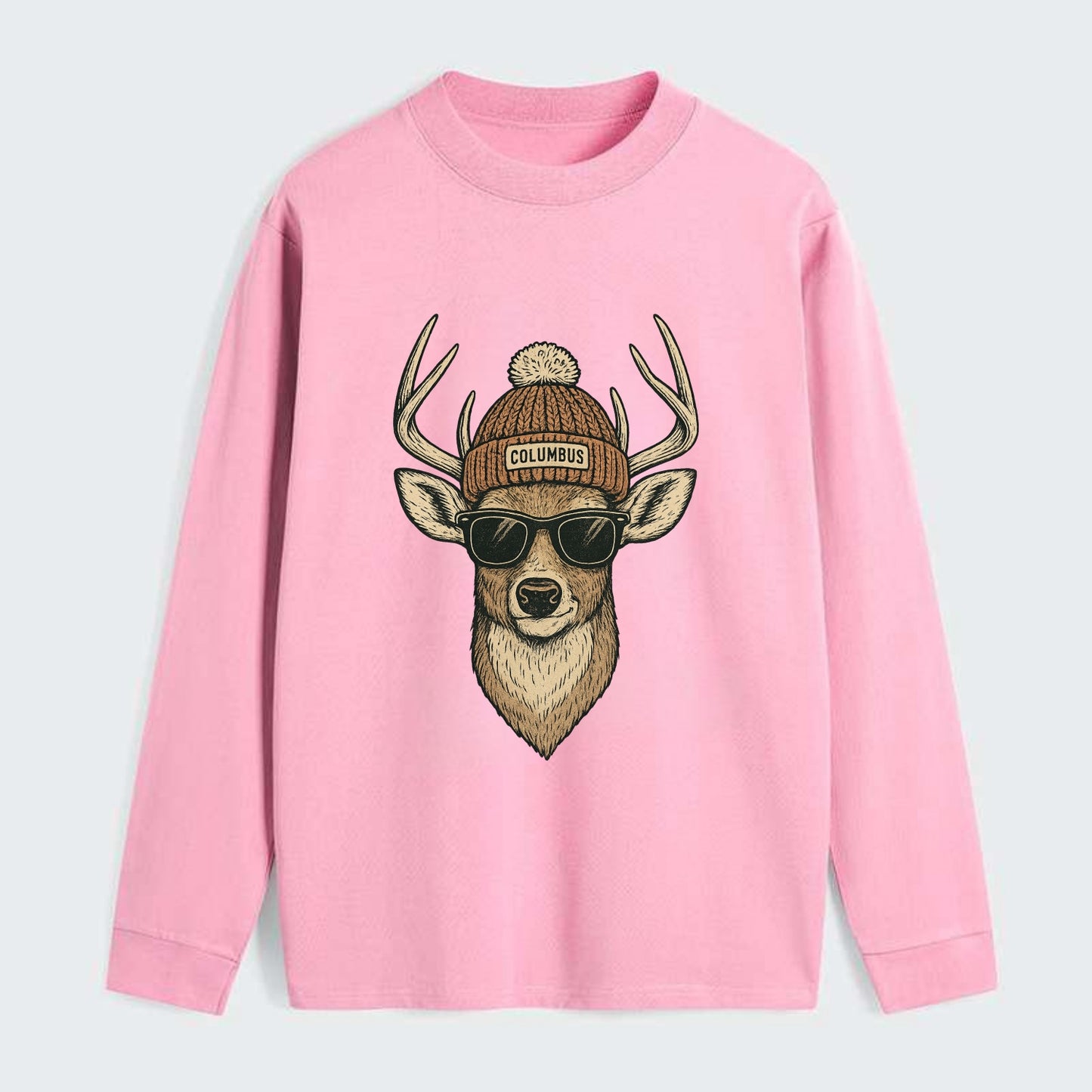 Ohio White-tailed Deer wearing Columbus beanie with pom pom and - Classic Long Sleeve Shirt - Pink