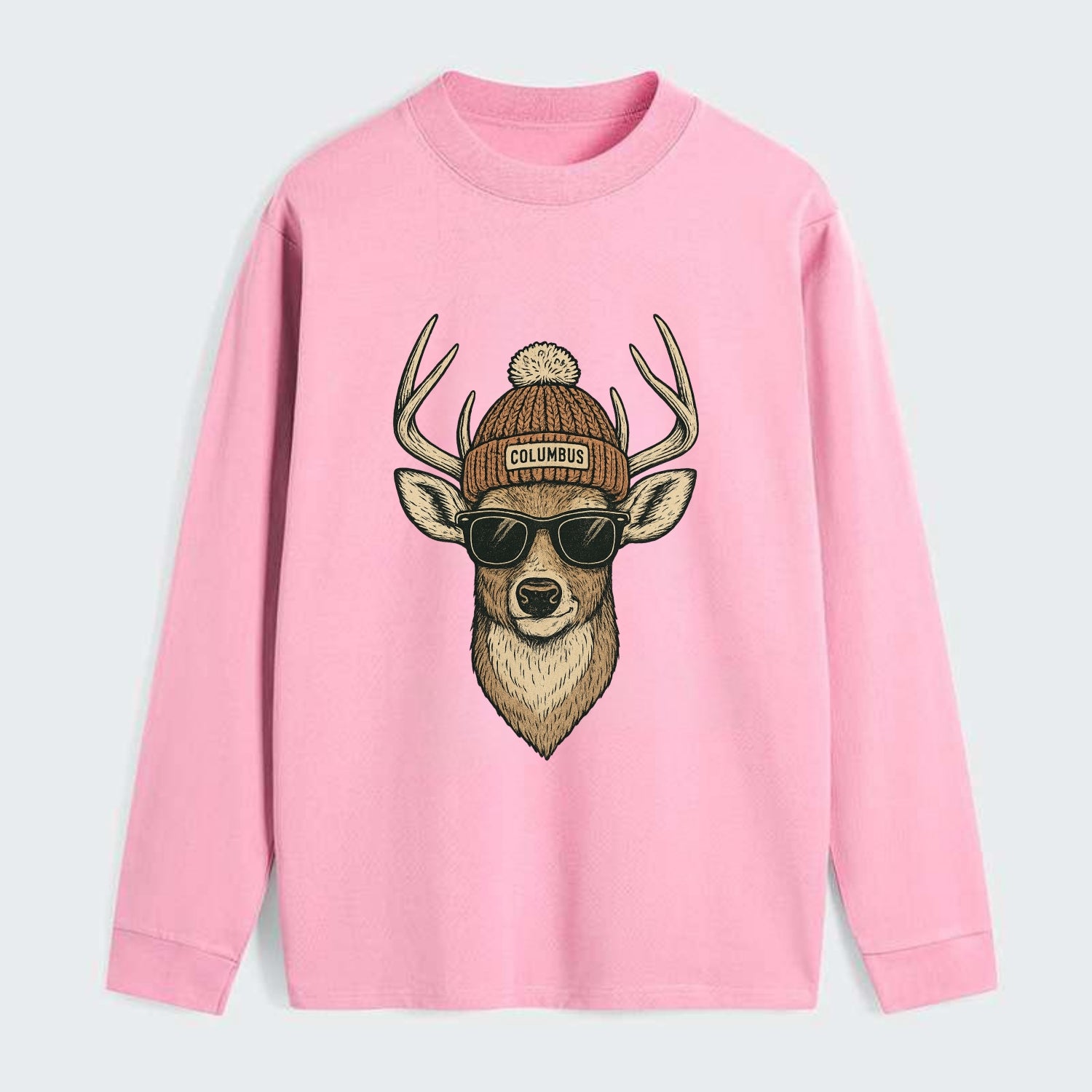 Ohio White-tailed Deer wearing Columbus beanie with pom pom and - Classic Long Sleeve Shirt - Pink