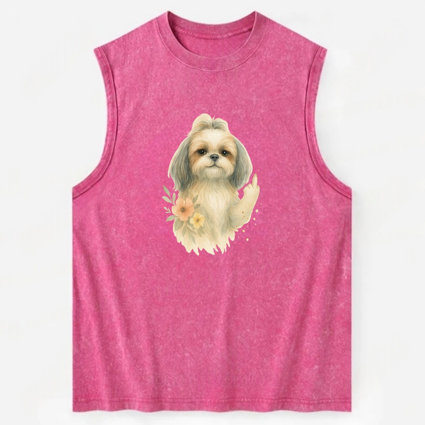 Shih Tzu with long flowing silky hair, tiny paw showing attitude - Vintage Washed Tank - Pink