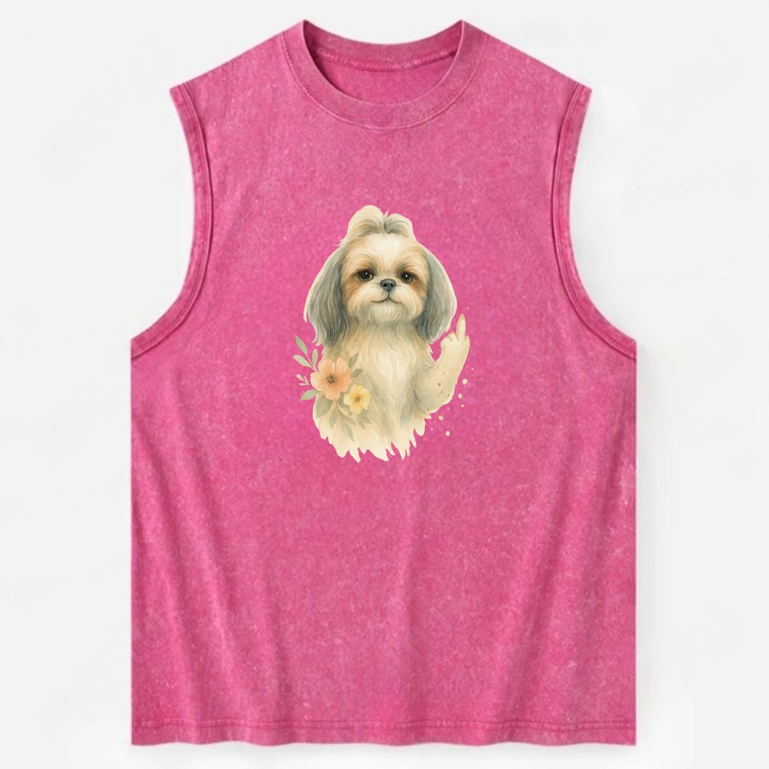 Shih Tzu with long flowing silky hair, tiny paw showing attitude - Vintage Washed Tank - Pink