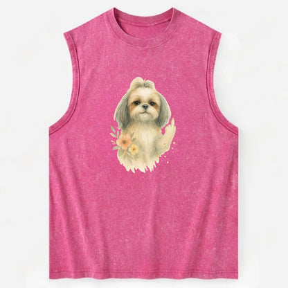 Shih Tzu with long flowing silky hair, tiny paw showing attitude - Vintage Washed Tank - Pink