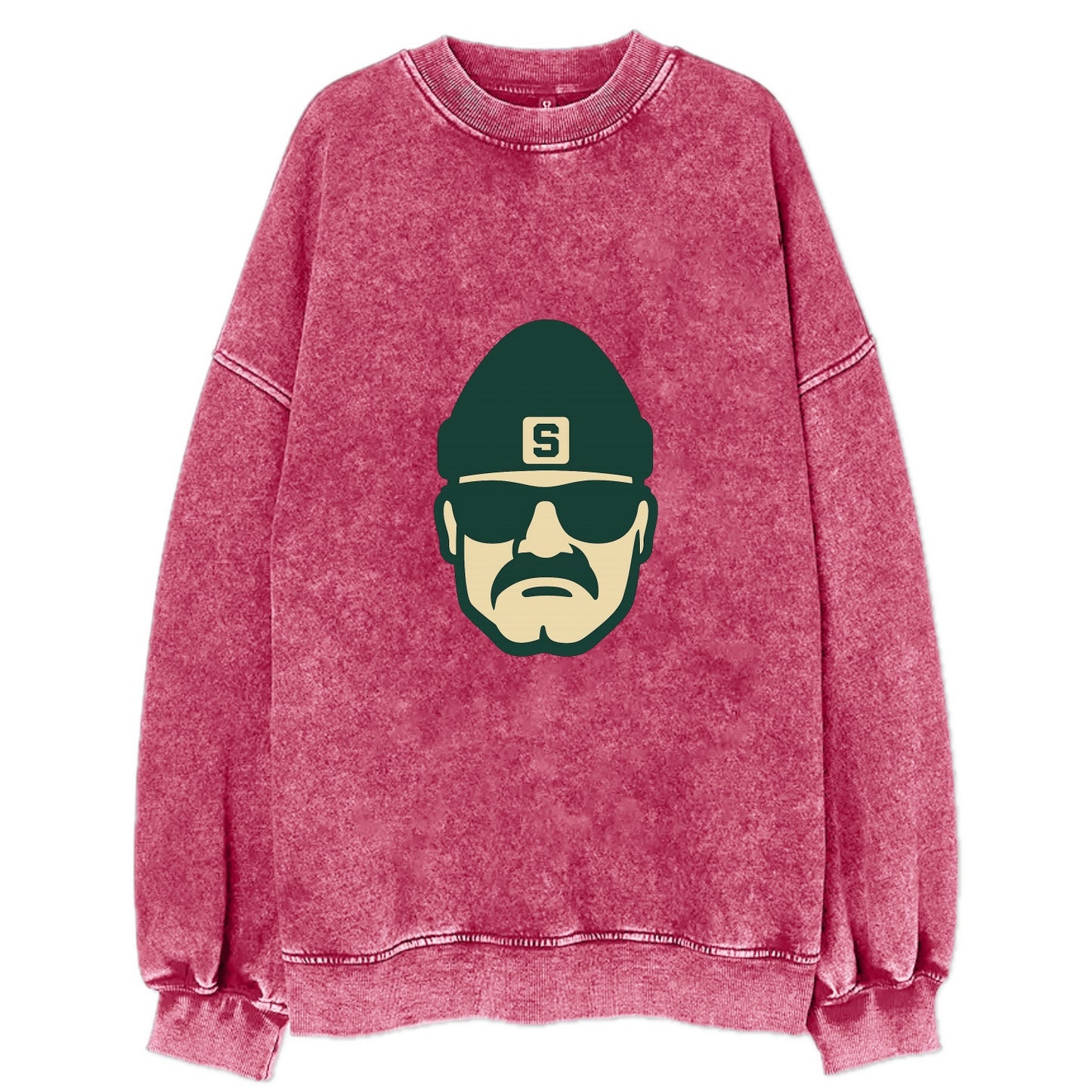 East Lansing Spartan wearing Michigan State beanie with S patch - Vintage Sweatshirt - Pink