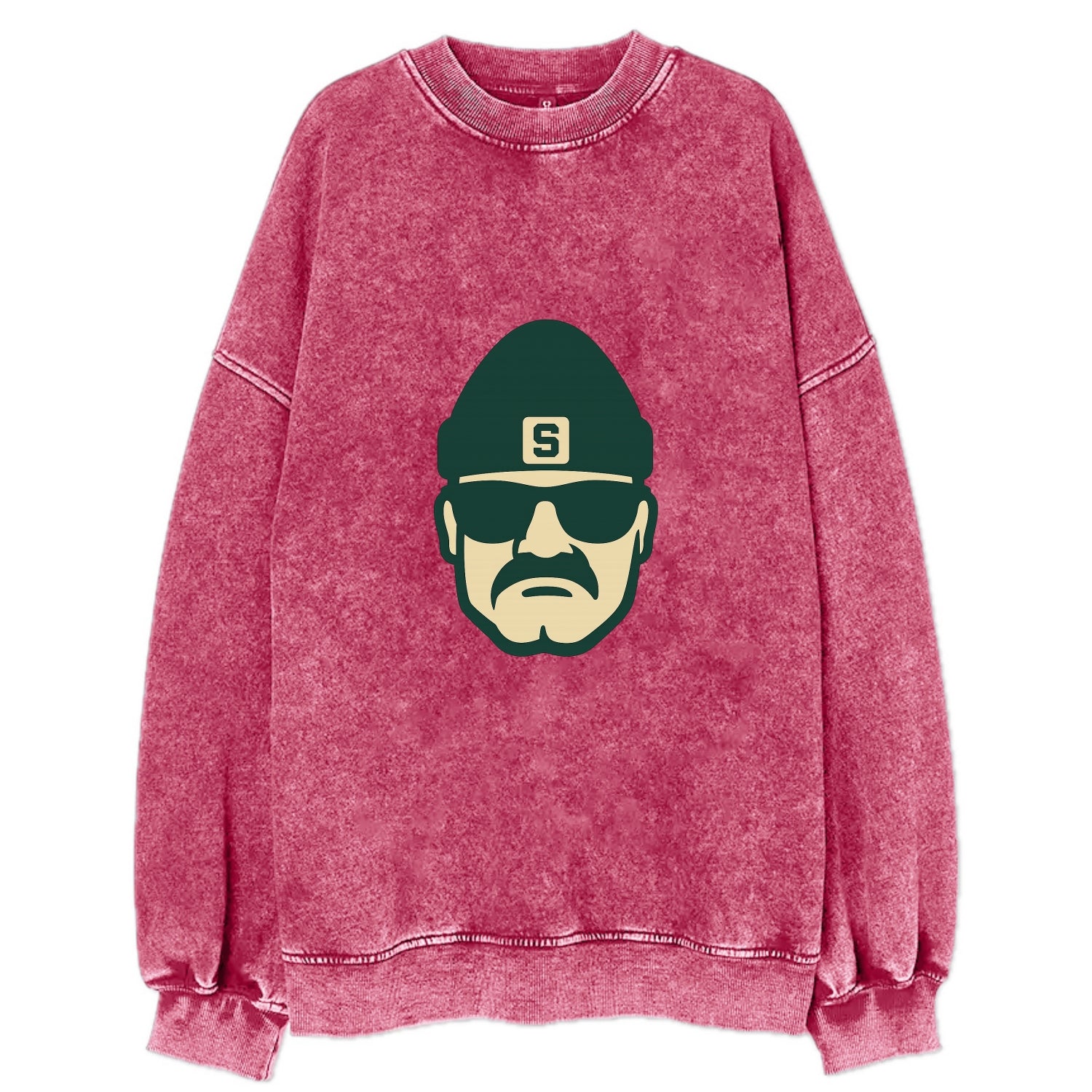 East Lansing Spartan wearing Michigan State beanie with S patch - Vintage Sweatshirt - Pink