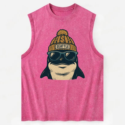 Seattle Orca wearing Seattle beanie with pom pom and wayfarer sunglasses - Vintage Washed Tank - Pink