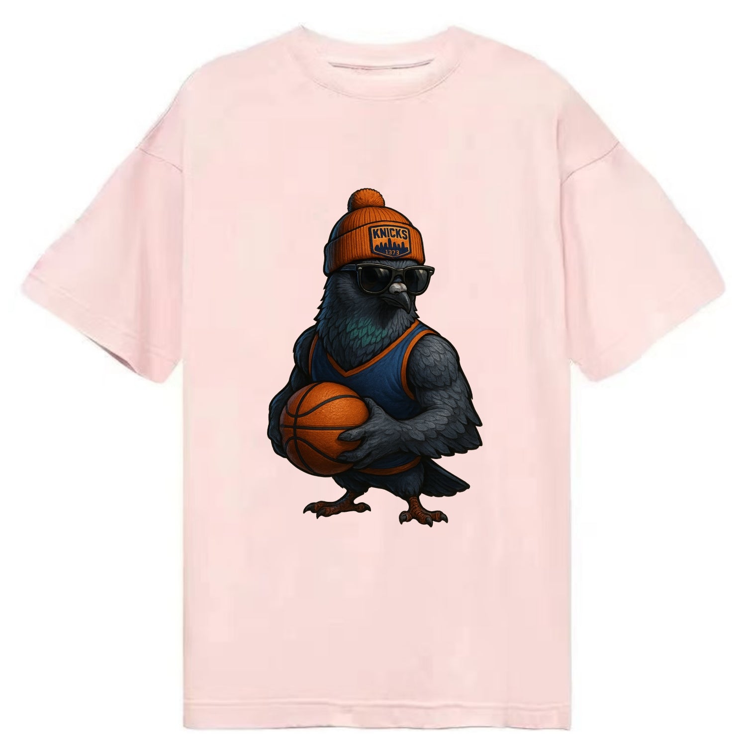 Manhattan Pigeon wearing Knicks beanie with skyline patch and wayfarer sunglasses - Classic T-shirt - Pink