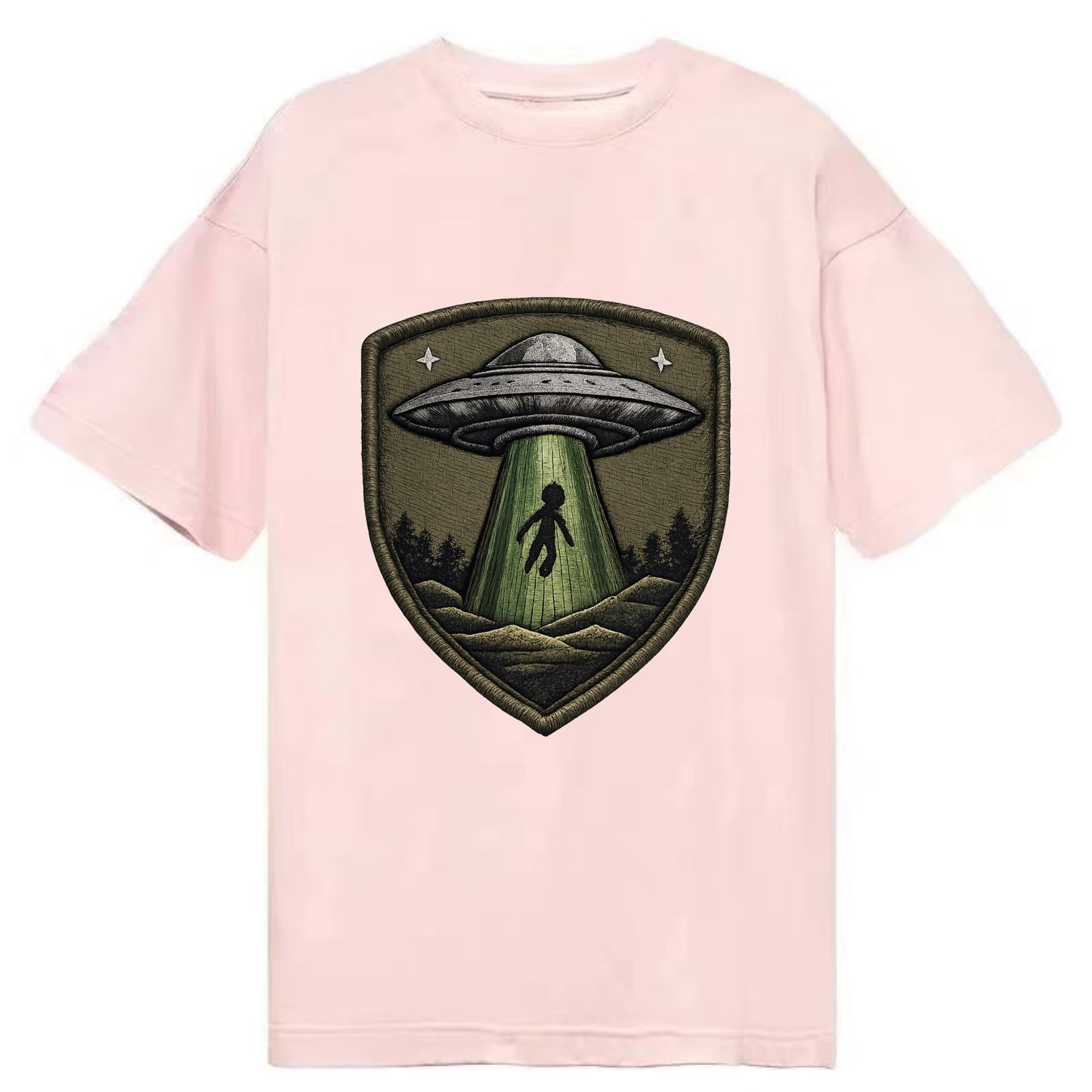 UFO ALIEN - flying saucer with beam in silver and green , extraterrestrial - Classic T-shirt - Pink