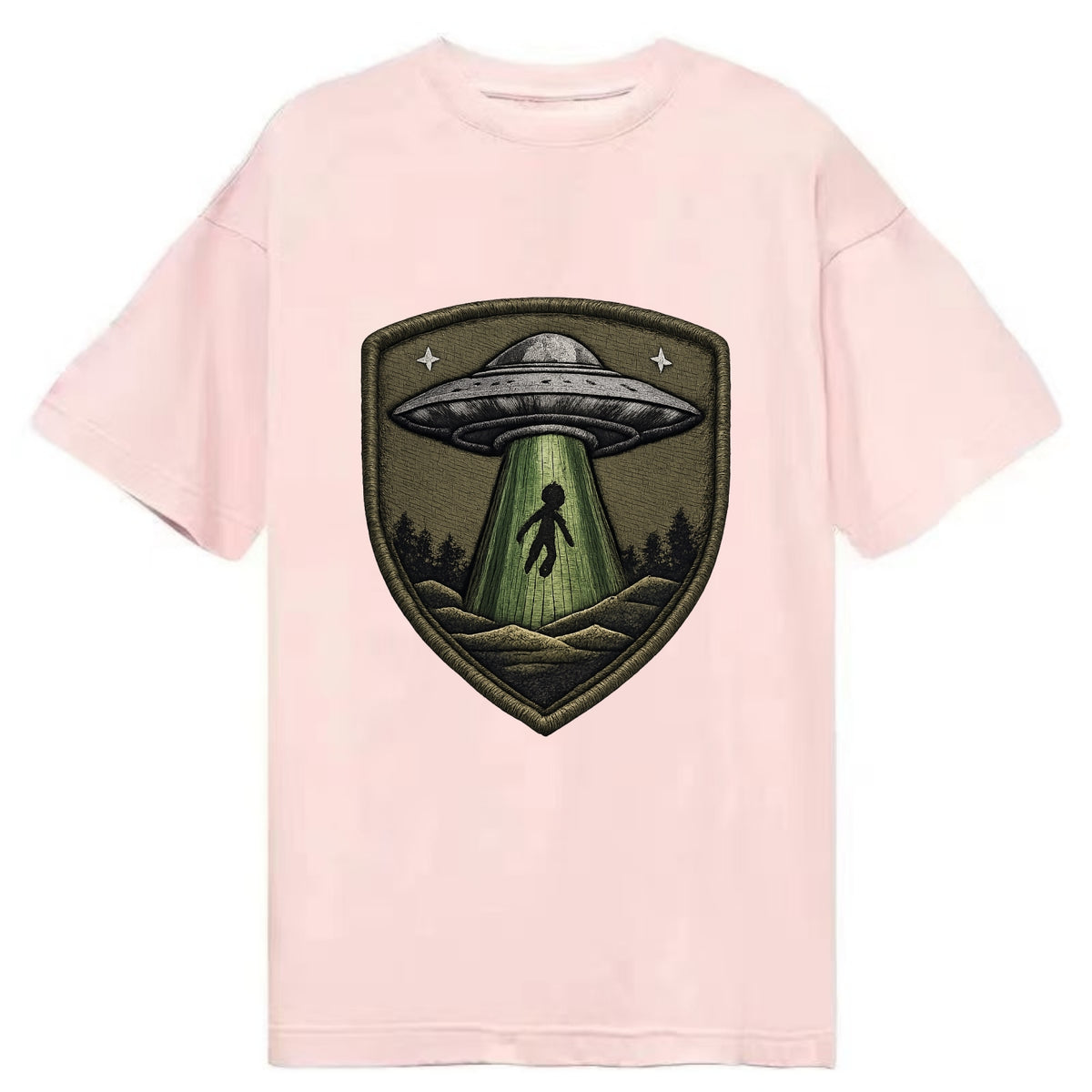 UFO ALIEN - flying saucer with beam in silver and green , extraterrestrial - Classic T-shirt - Pink
