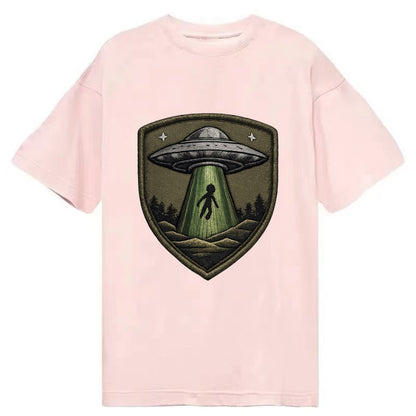 UFO ALIEN - flying saucer with beam in silver and green , extraterrestrial - Classic T-shirt - Pink