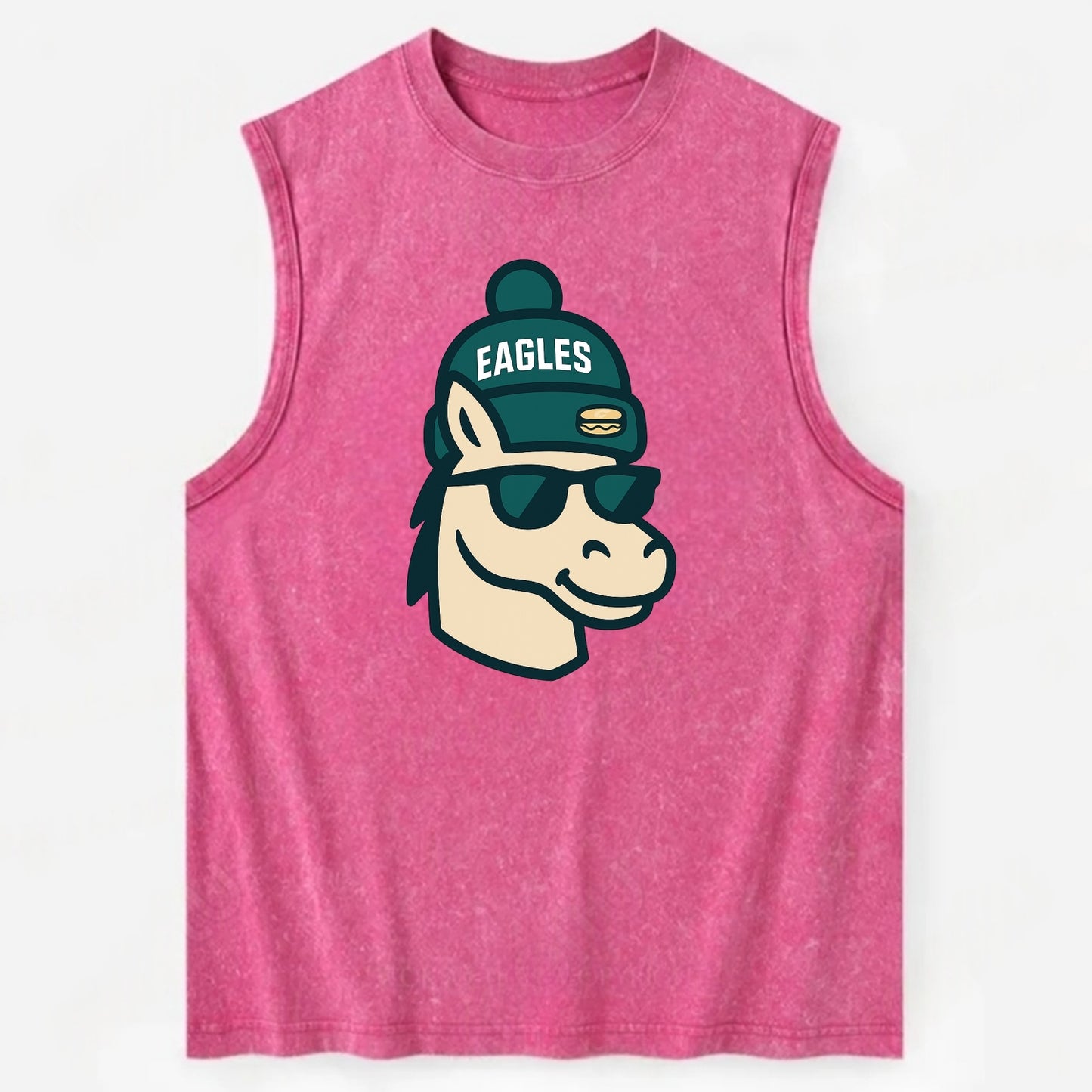 Philadelphia Horse wearing Eagles beanie with cheesesteak patch and wayfarer - Vintage Washed Tank - Pink